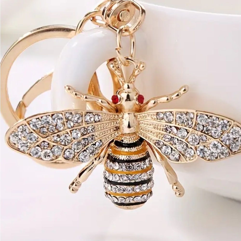 Gold Bee Crystal Keychain Charm - White & Gold Accent
